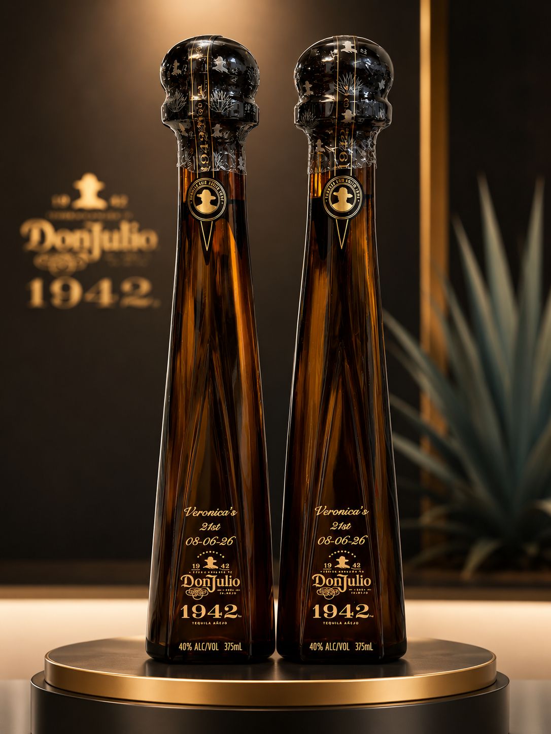 Two Don Julio 1942 bottles engraved with Veronica's 21st and the date